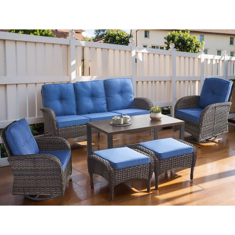 7-Piece Glider Loveseat Sofa, Swivel Chair with Table - Blue - Brown
