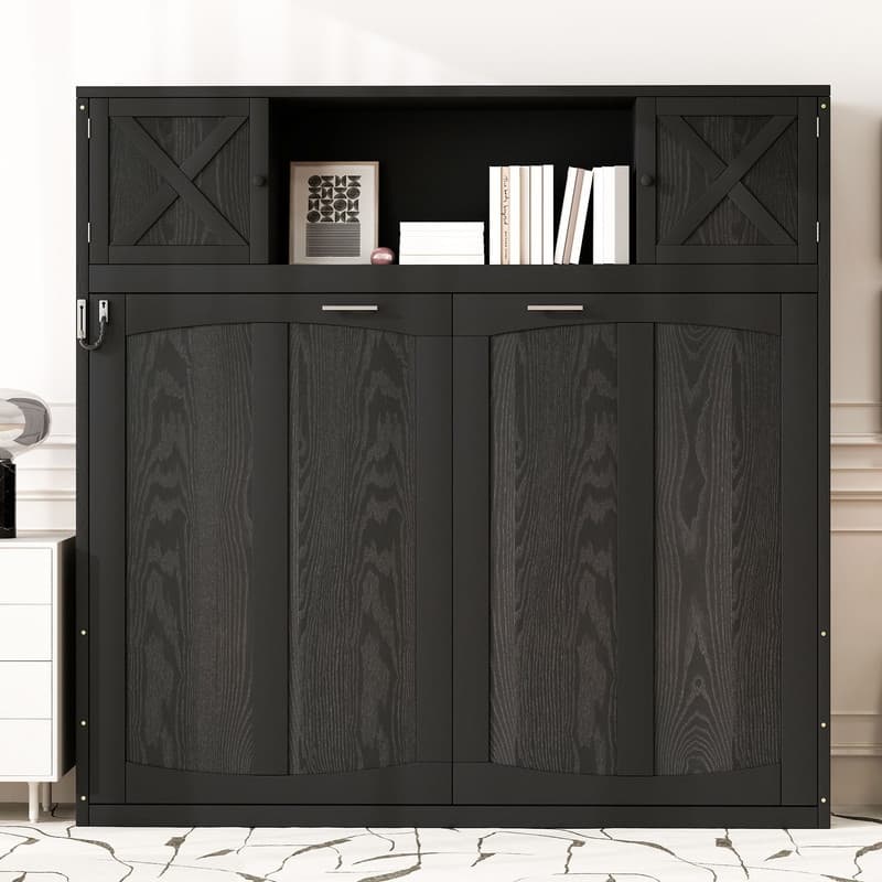 Full Size Murphy Bed with Storage Cabinets, Black