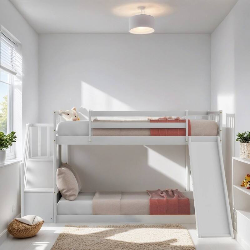 Pine Twin over Twin Kids Bunk Bed Frame with Convertible Slide and Stairway, White