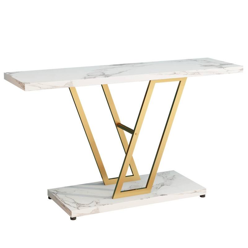 V Metal Leg Gold/White 42 Inch Entryway Tables Console Table