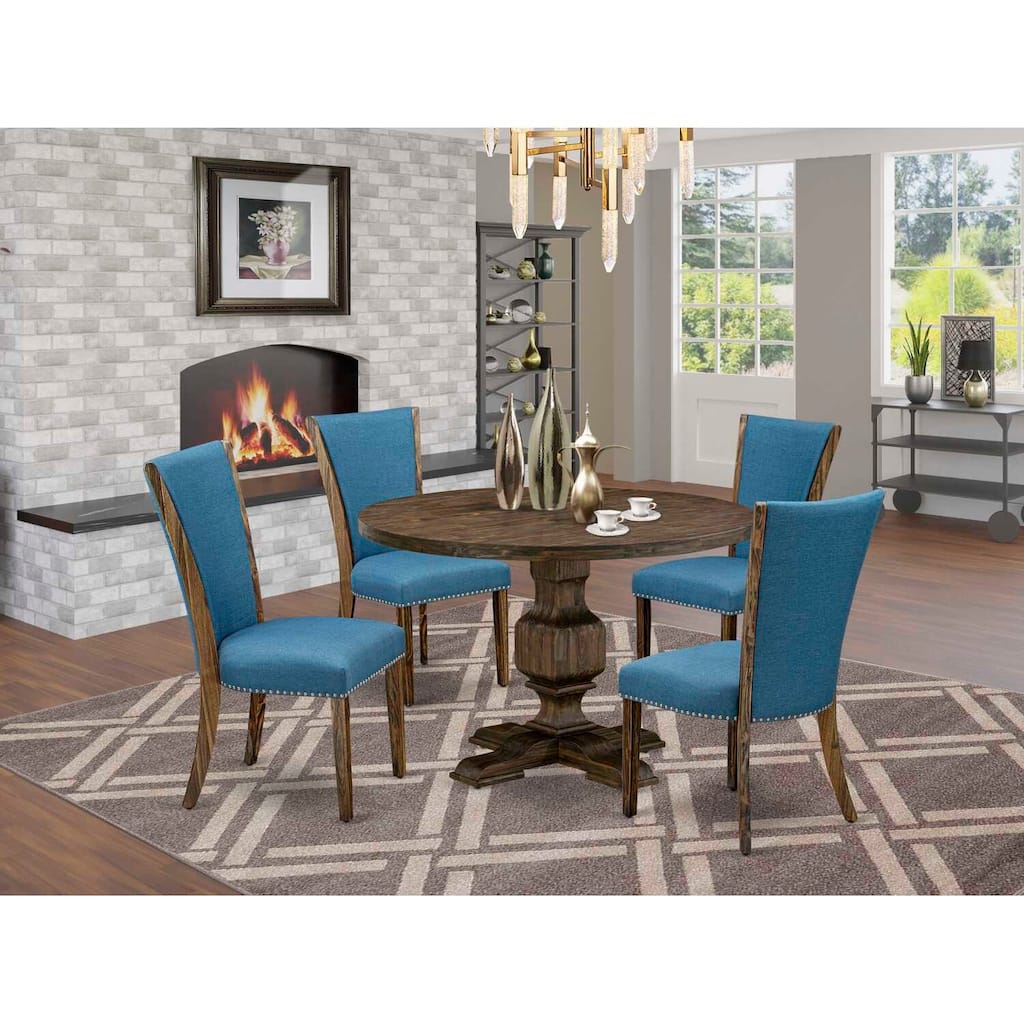 HomeStock 5-Piece Round Distressed Jacobean Finish Solid Wood Top Dining Table with 4 Parson Chair