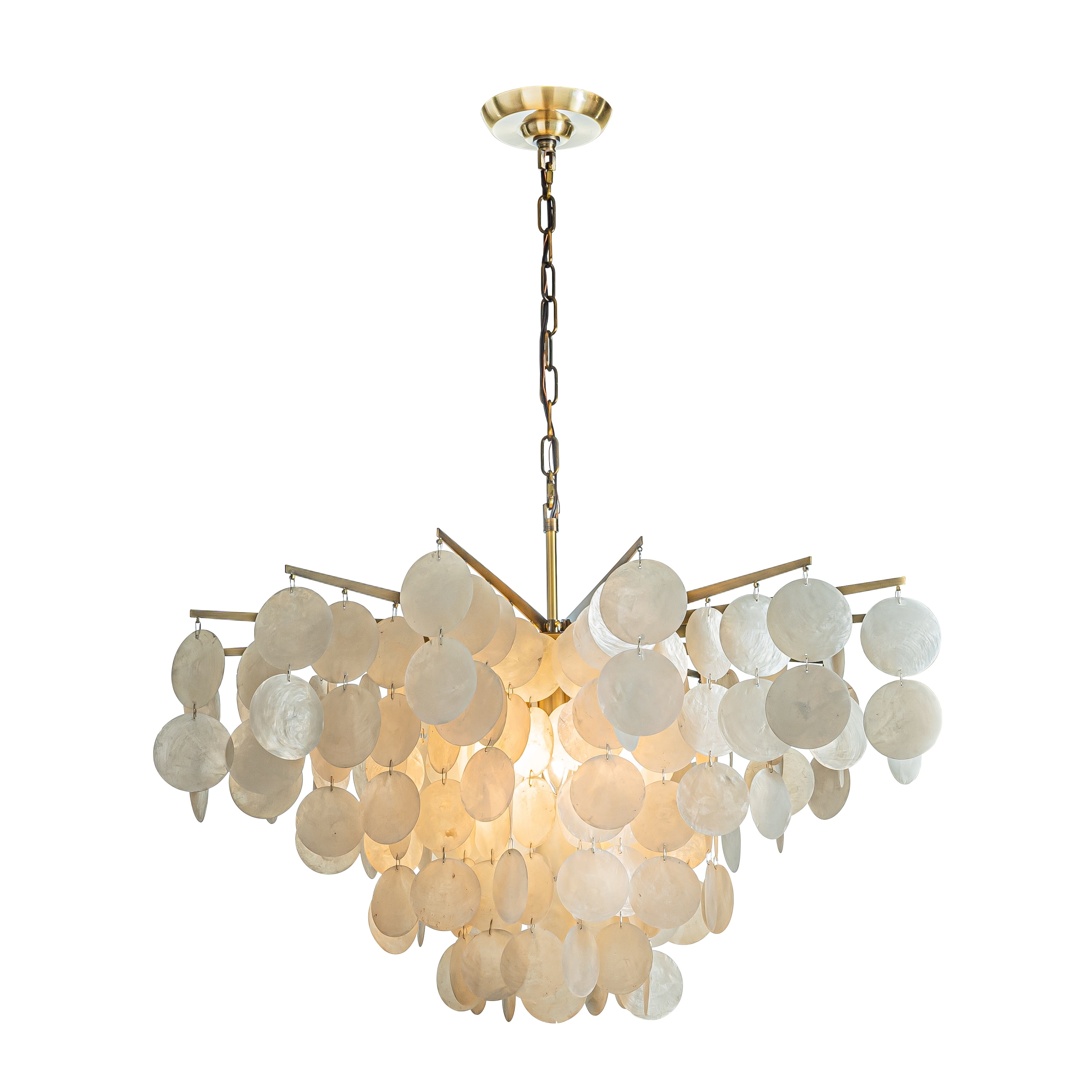 Cone Shape Tier Coastal Capiz Shells Chandelier With Antique Gold Metal