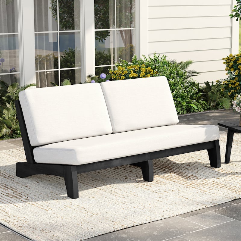 3 Seat Wood 64" W Outdoor Patio Sofa with Cushion - Dark Wood - Beige