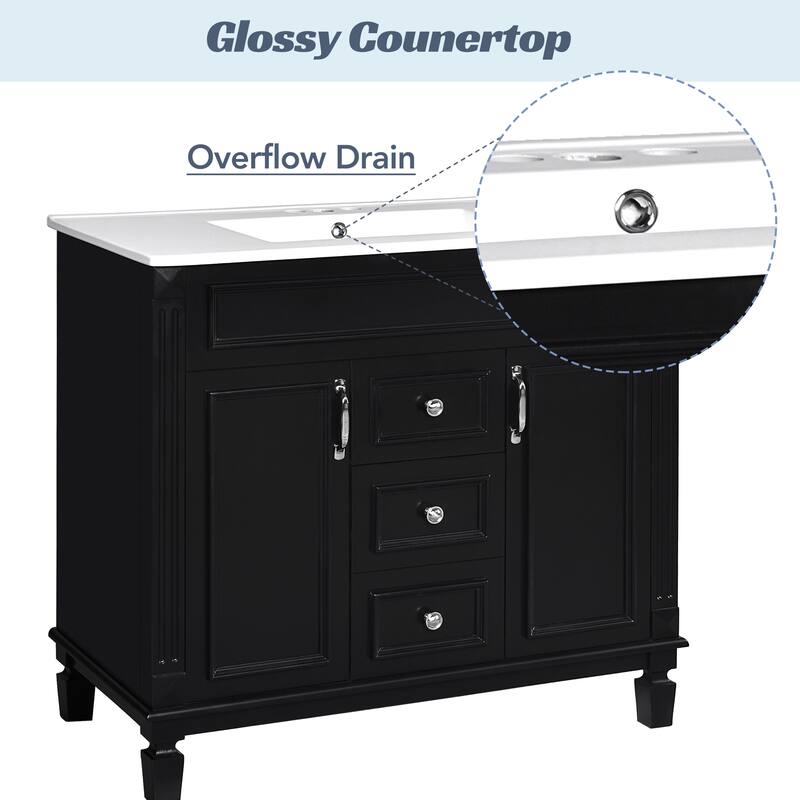 36" Bathroom Vanity with Mirror Cabinet, Ceramic Sink, Black Storage Cabinet with Soft-Close Doors & Drawers