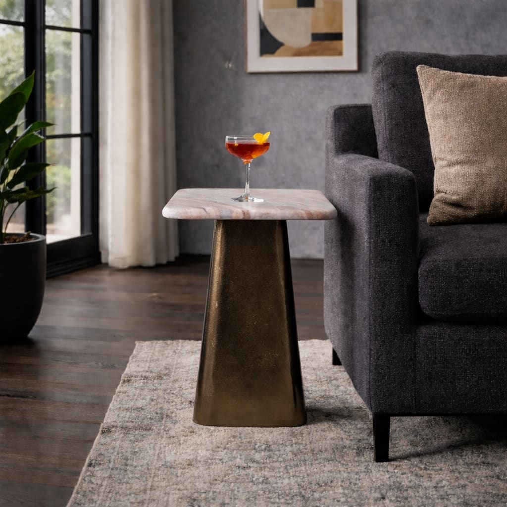 Modern Square Marble Side Table - 22", Bronze & Tan - 21.75"