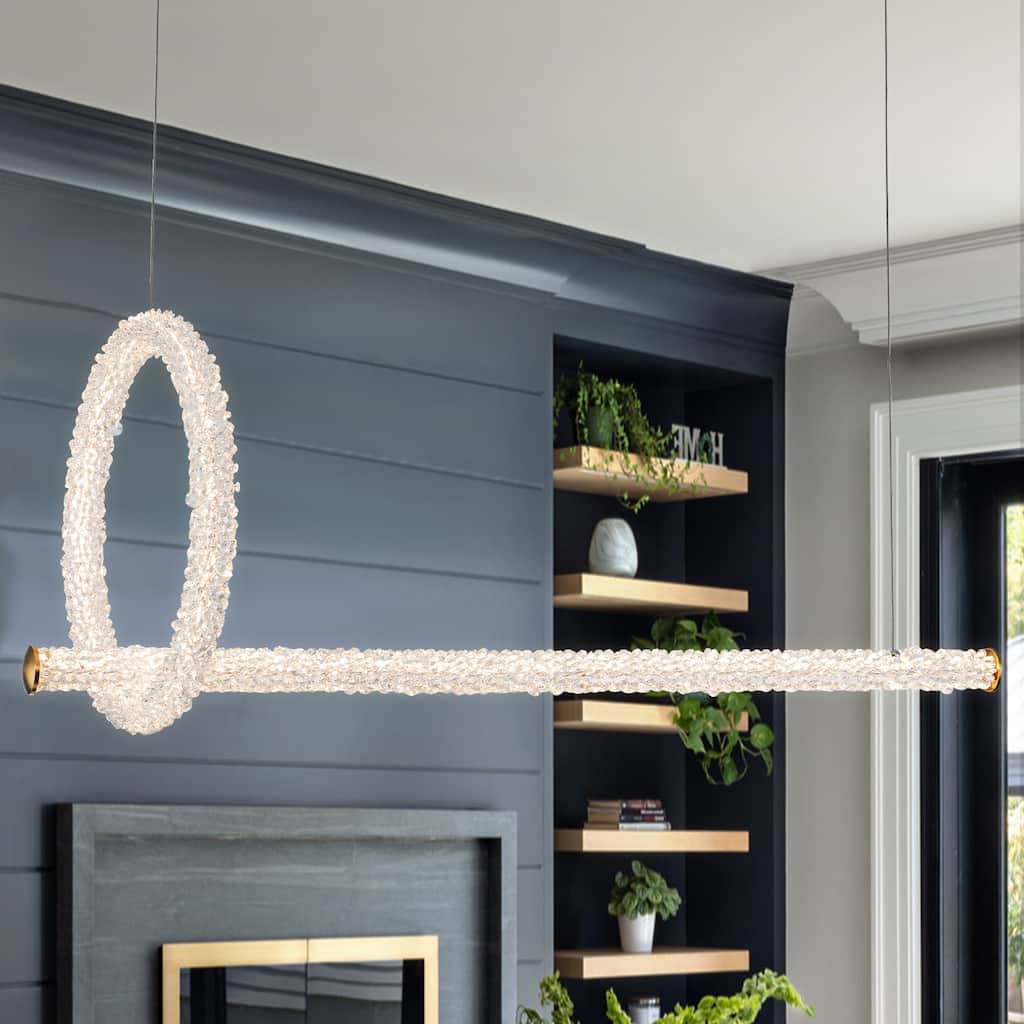 Modern Gold Crystal Ring Linear LED Chandelier, Dimmable - W39.37-in