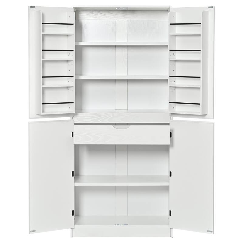 Farmhouse Kitchen Pantry Cabinet Storage Cupboard with 8 Door Shelves, 3 Adjustable Interior Shelves, Hidden Drawer