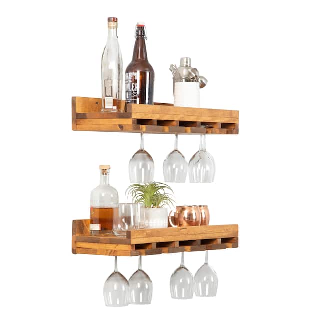 Rustic Luxe Solid Wood Wall Mounted Wine Glass Rack, Set of Two