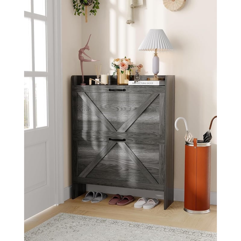 Freestanding Slim Shoe Storage Cabinet with 2 Flip Drawers for Entryway Hallway
