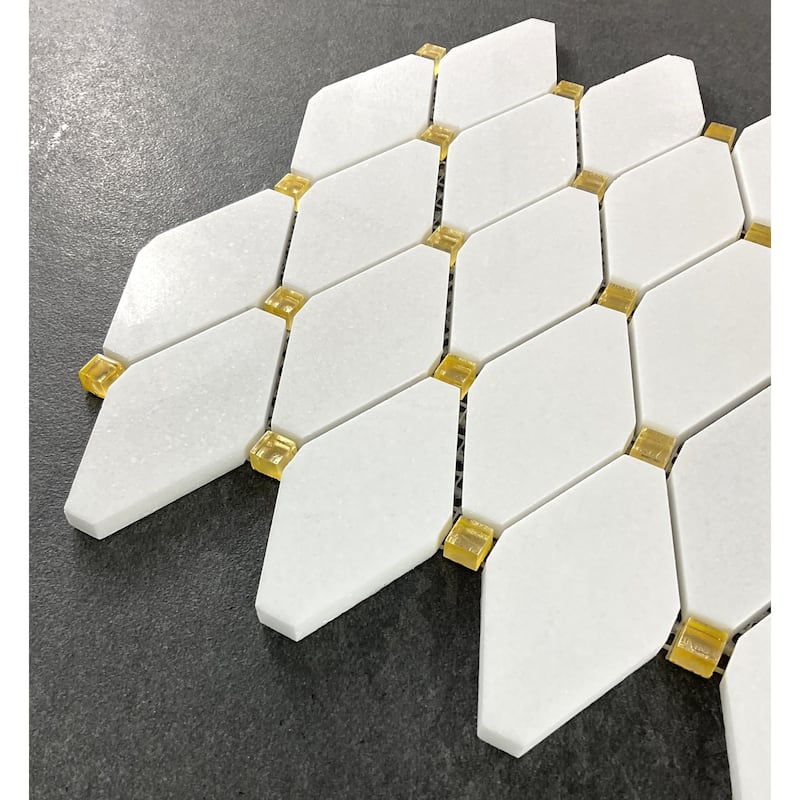Thassos White Marble Diamond And Gold Glass Wall Mosaic Tiles - Case (10 Sheets)