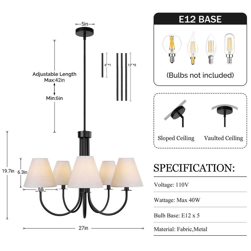 Farmhouse Wheel Chandelier Mid-century Pendant Fixture with Fabric Shades for Interior Lighting