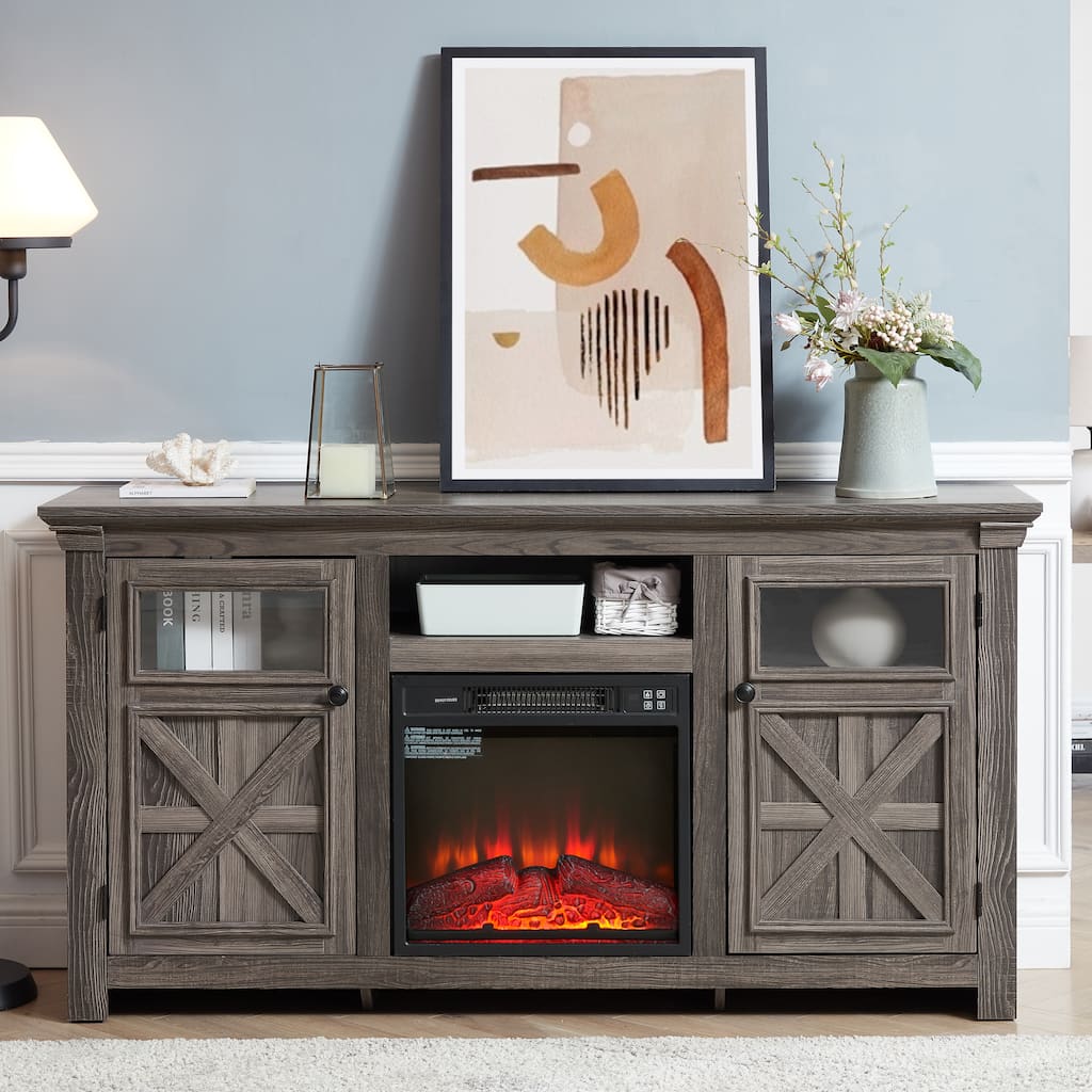 Farmhouse TV Stand, Media Stand With Fireplace Insert, Barn Design, and Adjustable Shelves, for Living Rooms and Bedrooms, Grey