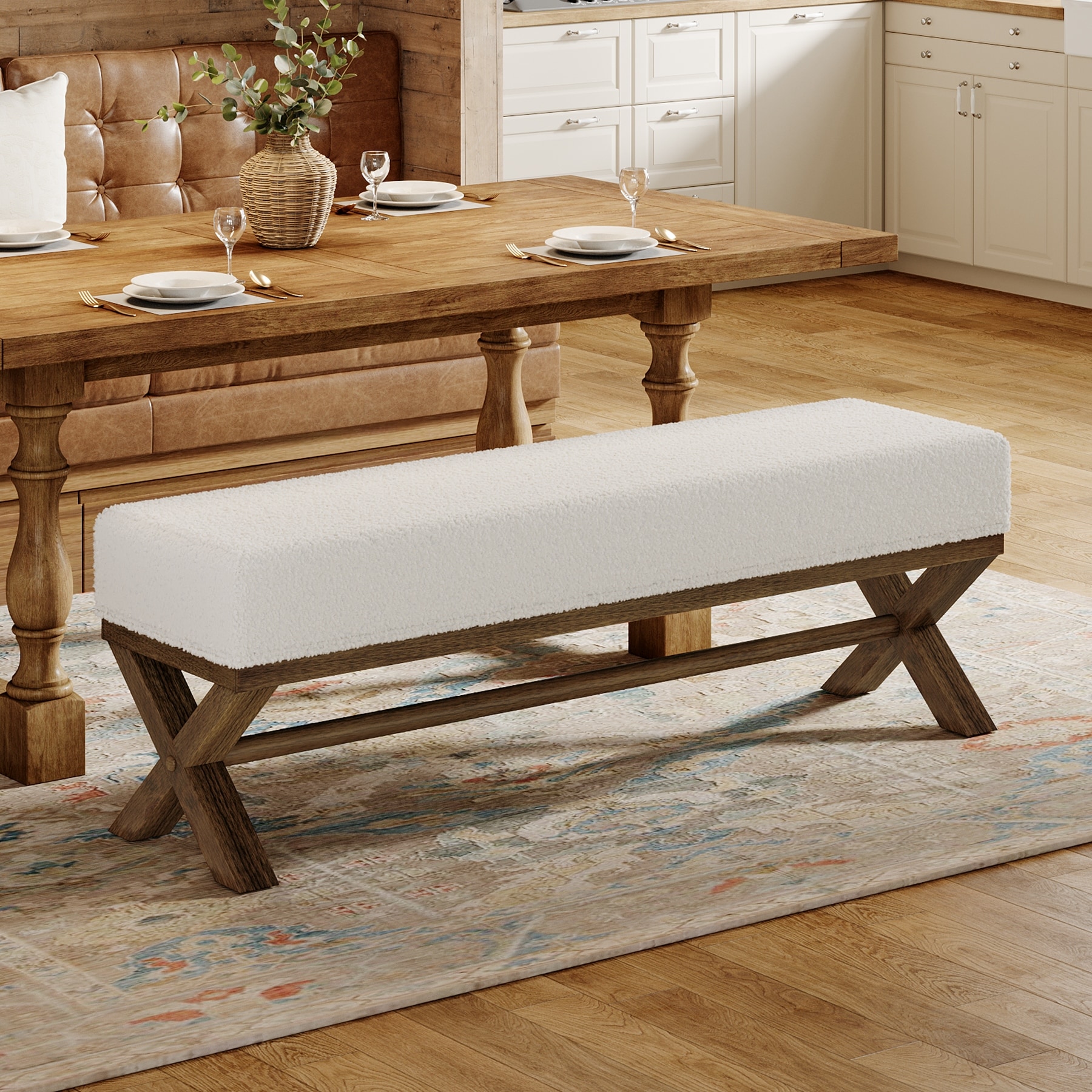 51.18" Solid Wood Upholstered Dining Bench, Faux Shearling Padded Seat Kitchen Stool Dining Seat for Dining Room Living Room