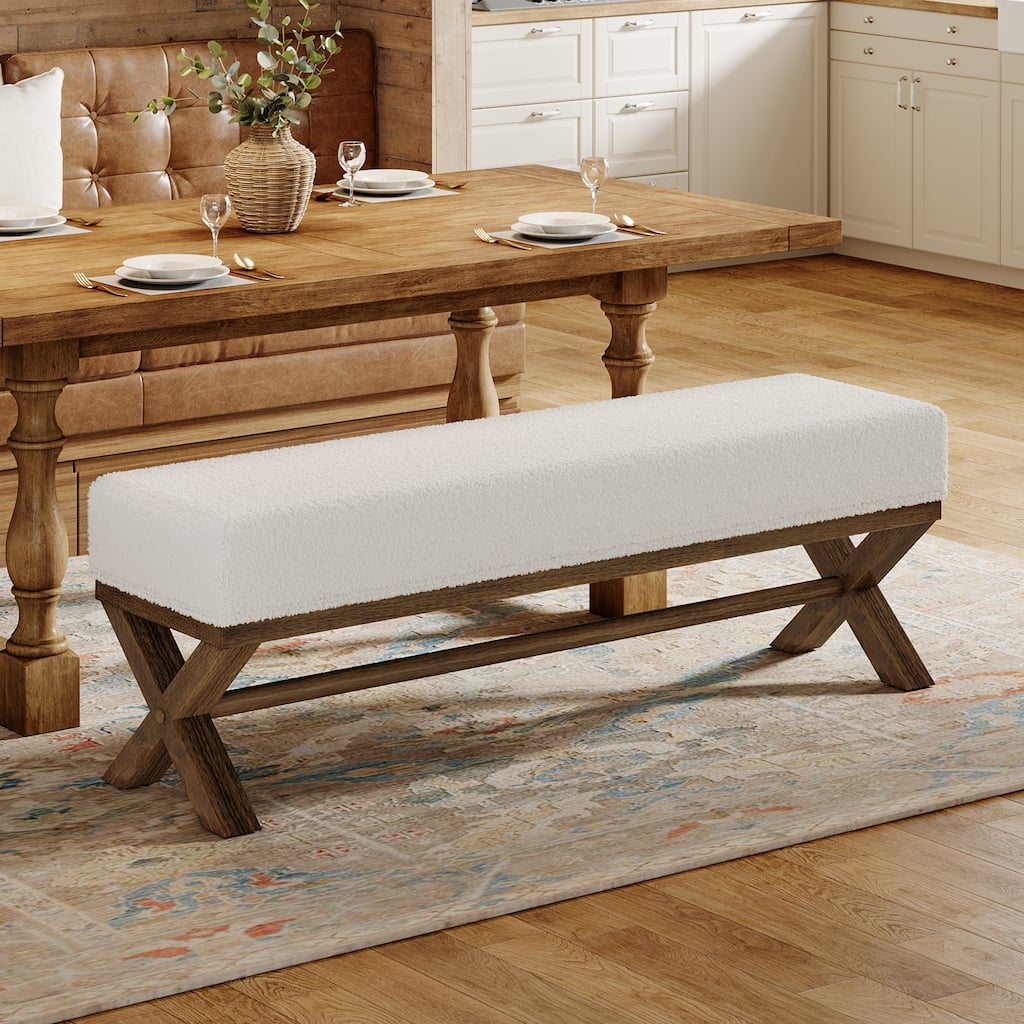 51.18" Solid Wood Upholstered Dining Bench, Faux Shearling Padded Seat Kitchen Stool Dining Seat for Dining Room Living Room