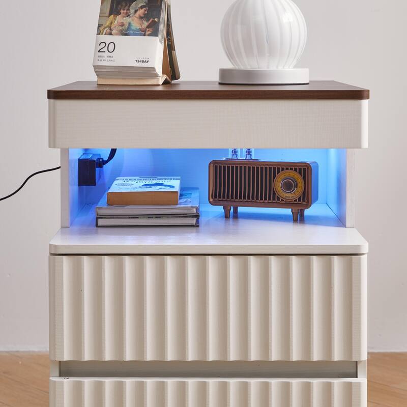 Modern Bedside Table with Gun Drawer,Bedside Table with Charging Station, 2 Drawers and Open Shelf,Side Table for Bedroom