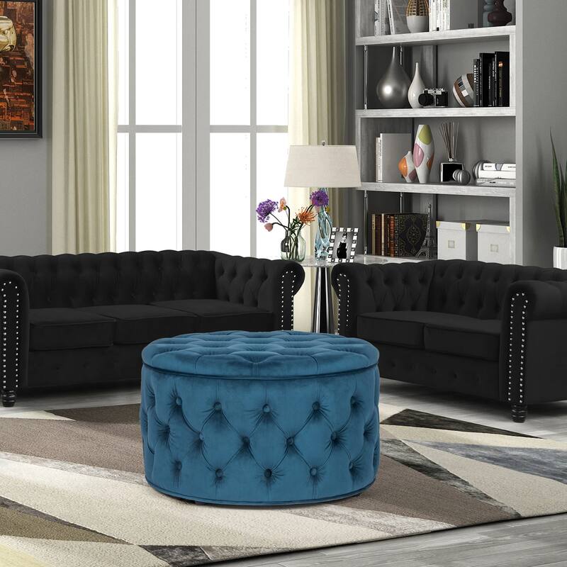 Adeco Round Velvet Storage Ottoman, Button Tufted Footrest Footstool