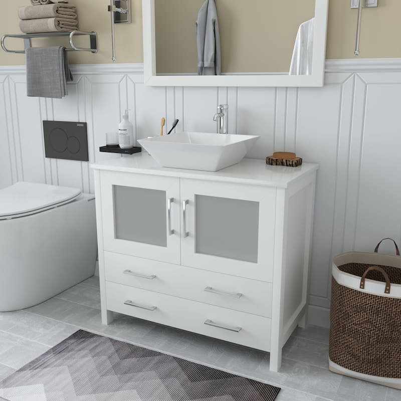 Vanity Art 36" Single Sink Bathroom Vanity Set with Engineered Marble Top Free Mirror - 36 x 18.5 x 36 Inches
