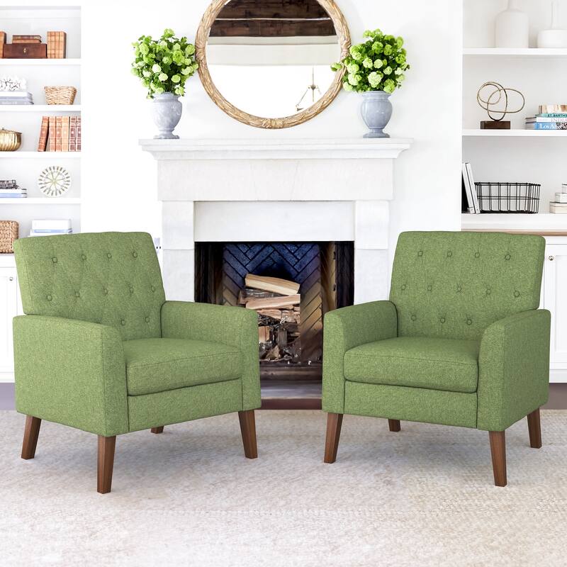 Mid-Century Modern Upholstered Linen Fabric Button Tufted Accent Chair Set of 2 - 28.5 W X 27.25 D X 33.75 H - Avocado Green Linen
