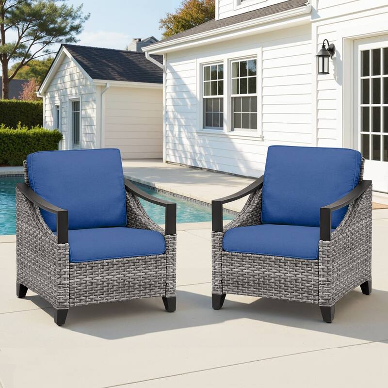 Pocassy Outdoor Sofa Swivel Patio Chair Table with Ottoman Set - Gray Wicker Blue Cushion - 2-Piece Patio Chair with Thick Cushions