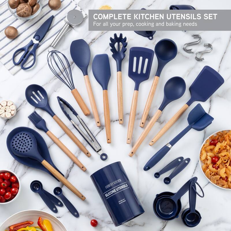 Country Kitchen Non Stick Silicone Utensil Set with Rounded Wood Handles for Cooking and Baking, 38 Piece Set