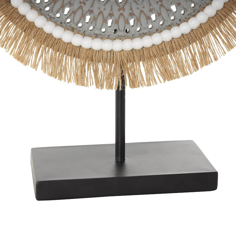 Wooden Tribal Handmade Seagrass Fringed Decorative Sculpture with Black Base - White or Gray - Roche River Decor
