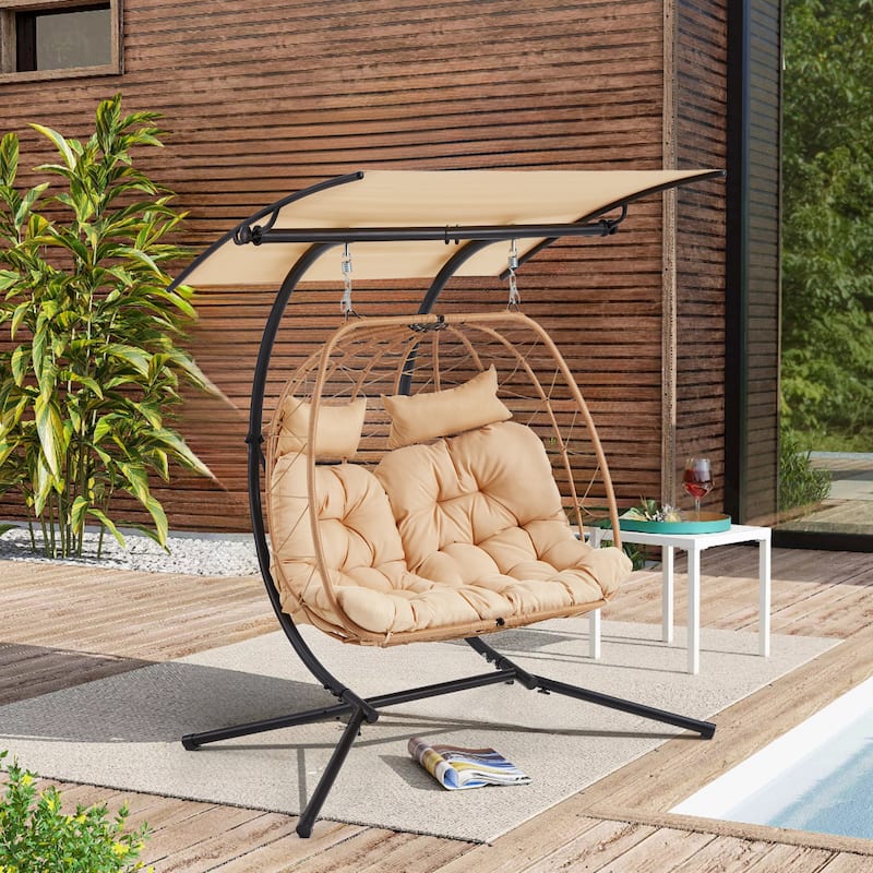 Double Egg Chair with Stand/Adjustable Canopy Patio Hammock Chair Hanging Swing Wicker Rattan Basket for Outdoor Balcony Garden
