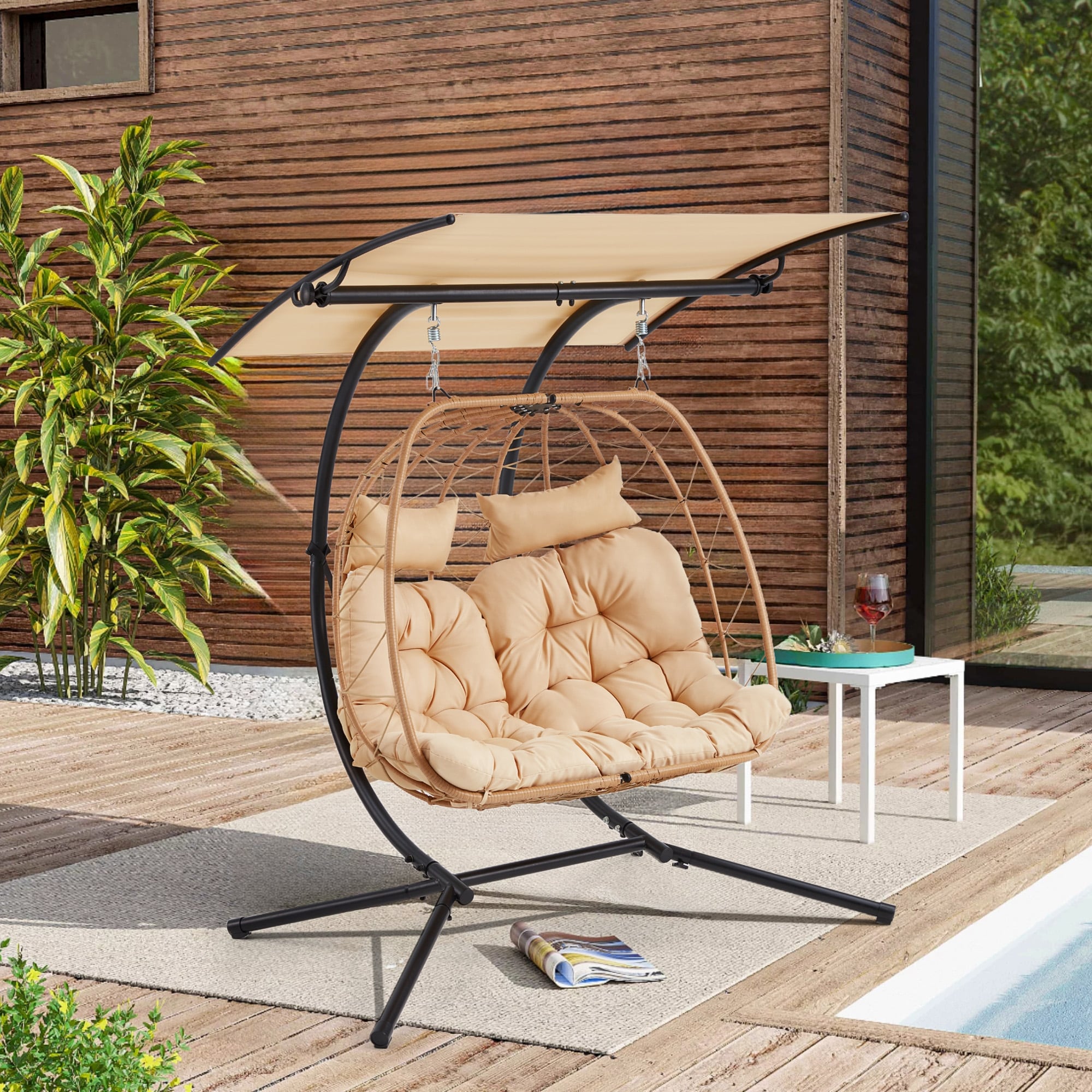 Double Egg Chair with Stand/Adjustable Canopy Patio Hammock Chair Hanging Swing Wicker Rattan Basket for Outdoor Balcony Garden