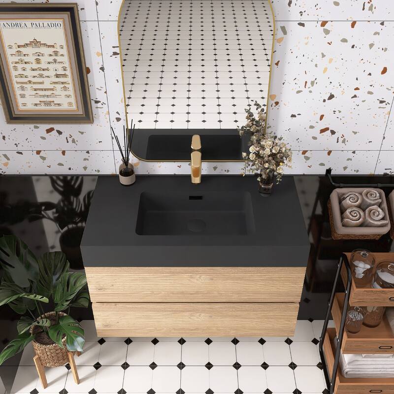 Wall Mounted Bathroom Vanity with Solid Surface Sink and Soft Drawers