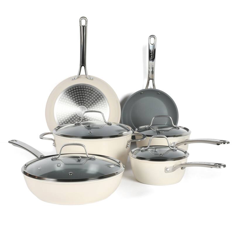 Sur La Table Kitchen Essentials 10 Piece PFA Free Titanium Ceramic Nonstick Interior Forged Aluminum Cookware Pots and Pans Set - Off-White
