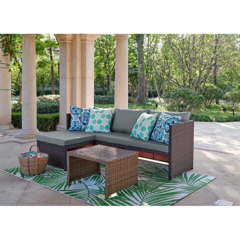 Manhattan Comfort Menton Steel Rattan 2-Piece Chair Lounge and 2 Seater with Coffee Table Patio Set