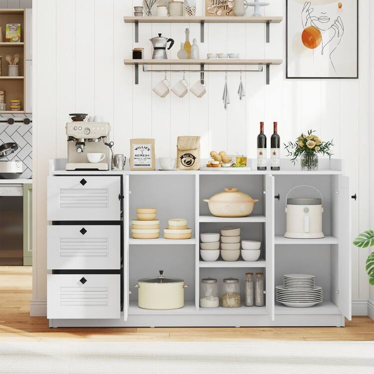 White Engineered Wood MDF Buffet Cabinet with Drawers, Shutter Doors and Storage - 63" x 16.5" x 36"