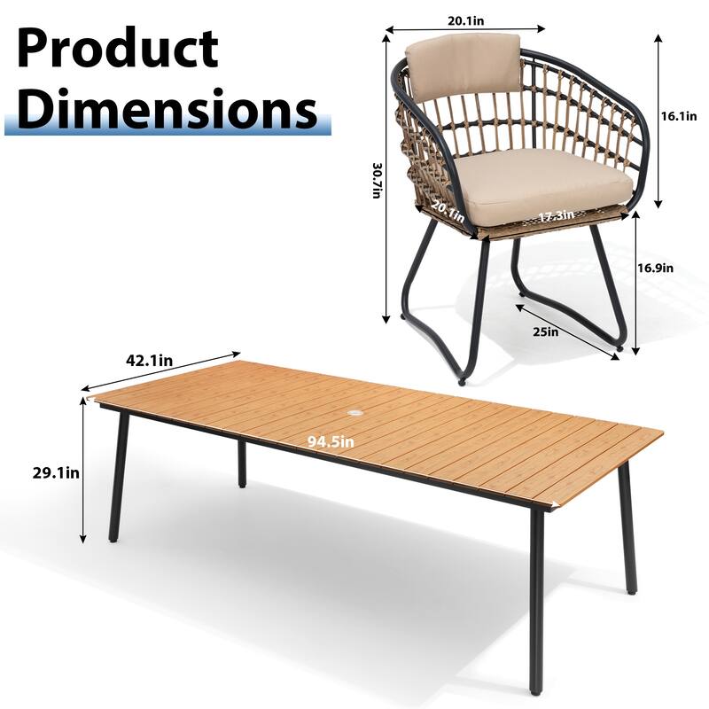 9-Piece Outdoor Patio Dining Set Wood-Like Table Top Alumium Umbrella Hole Table with PE Rattan Chairs