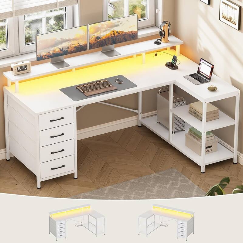L Shaped Desk with 4 Drawers and Storage Shelves Gaming Desk - White
