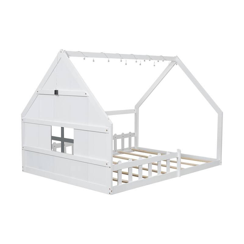 Roomfitters Full Size Wood House Bed with Window and Fence Design