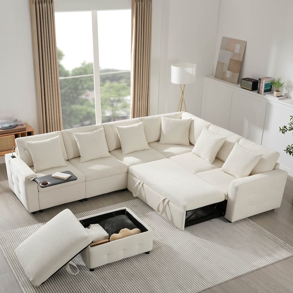 Modular Sectional Pull-Out Sofa Bed with Flip-Up Table, Reading Lamp, Storage Ottoman, and Charging Ports