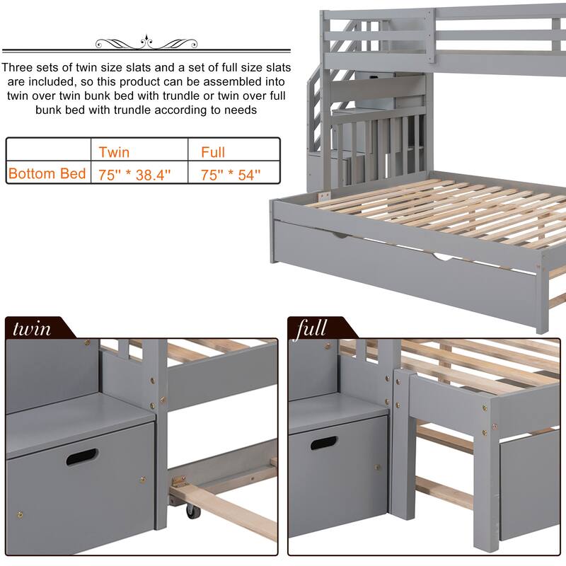 Stairway Twin Over Twin/Full Bunk Bed with Trundle, Drawers and Guardrails, Convertible Bed Frame into 2 Beds for Multi Children