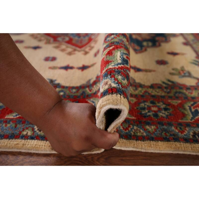 Kazak Accent Rug Handmade Geometric Beige Wool Carpet - 3'5" x 5'0"