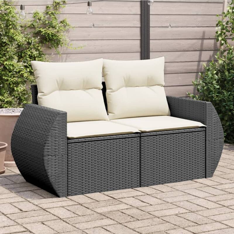 vidaXL Patio Sofa with Cushions 2-Seater Loveseat Modular Couch Poly Rattan - 24.4 x 55.9 x 27.2 in - Black and cream without storage