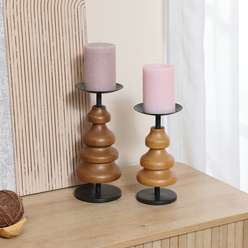 2-Piece Birch Wood with Metal Pillar Candle Holder Set