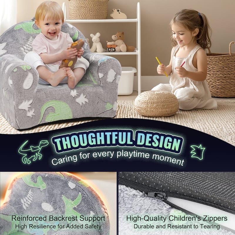 Grey Foam Glow Fabric Kids Couch Sofa Bed with Removable Cover - 23.62” L x 16.54” W x 20.47” H