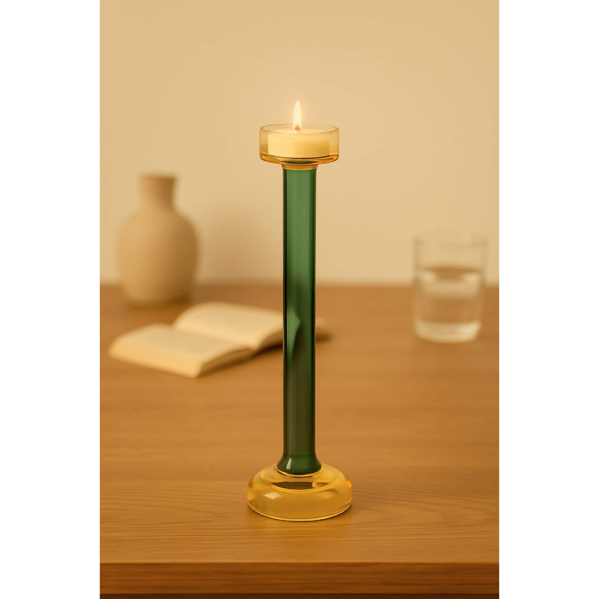 Small Two-Toned Glass Tealight Candle Holder 10.5" Green and Yellow