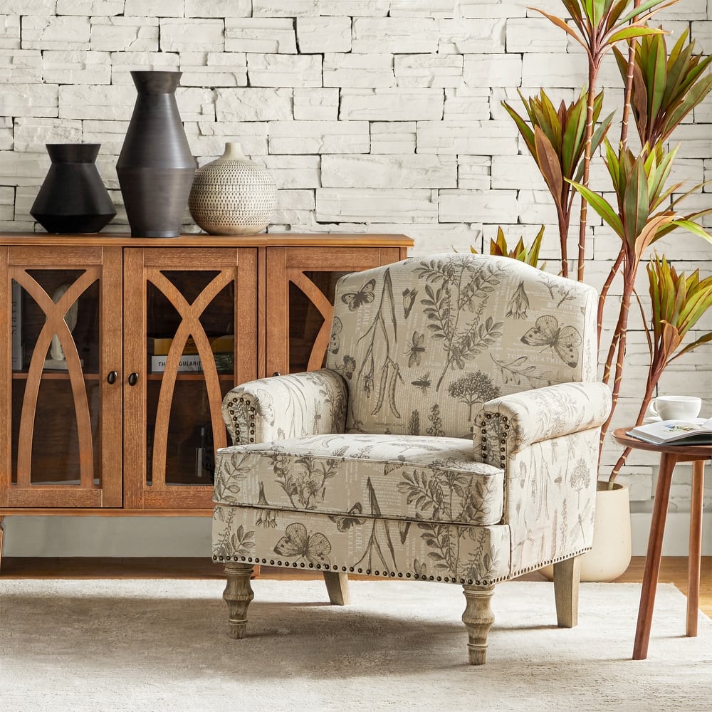 Yahweh Transitional Nailhead Floral Armchair with Round Arms by HULALA HOME