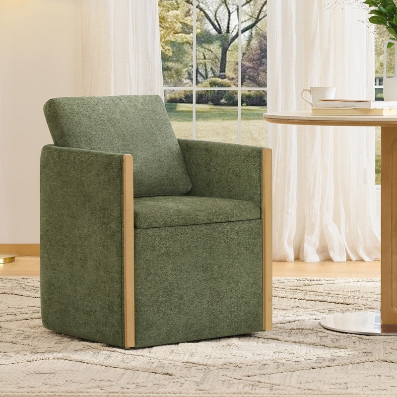 Spruce & Spring Modern Chenille Dining Chair with Casters, Wood Inlay & Hidden Storage