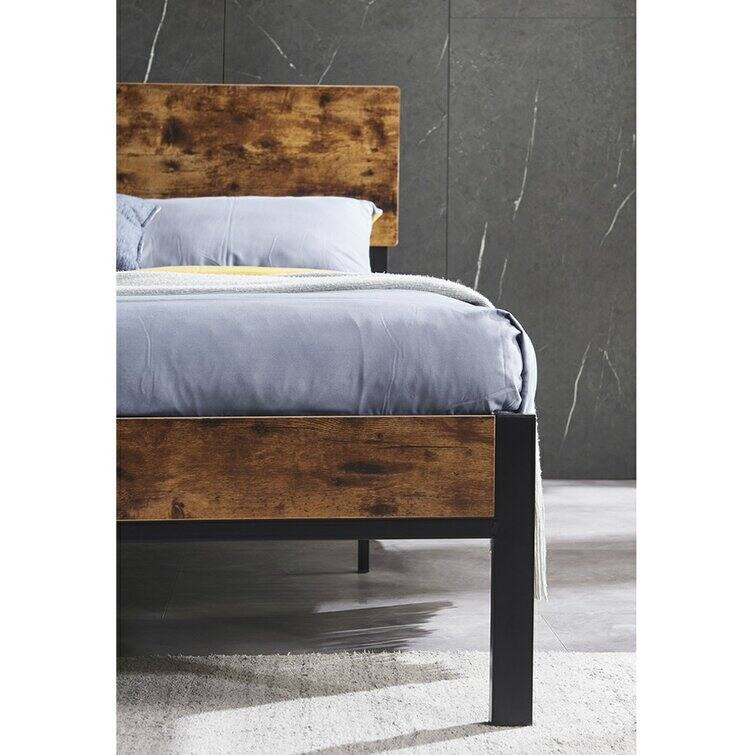 Metal Platform Bed Frame with Wooden Headboard and Footboard