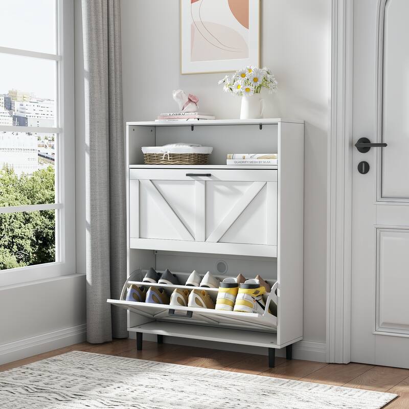 Slim Freestanding Shoe Organizer Cabinet with Barn Door Design, Adjustable Shelves and Top Shelf Storage for Entryway, Foyer