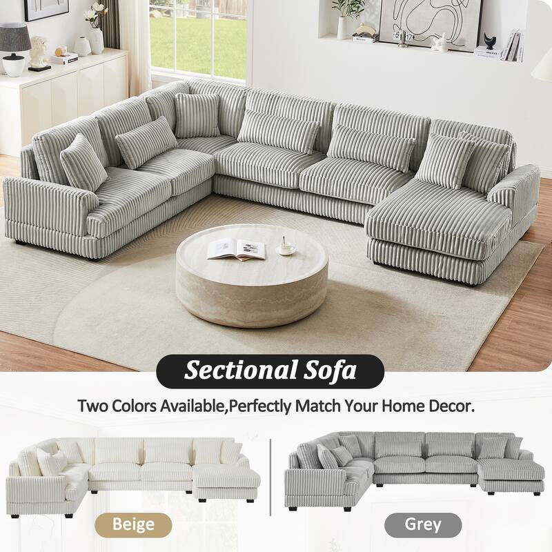 129" Oversized Sectional Sofa, U-shaped Sofa Couch Modern Corduroy Upholstered Deep Seat Sofa with Chaise Lounge