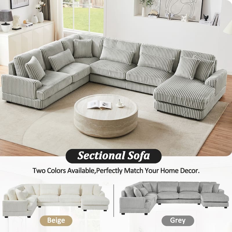 Oversized U-Shaped Sectional Sofa with Chaise, 4 Square and 3 Lumbar Pillows for Living Room