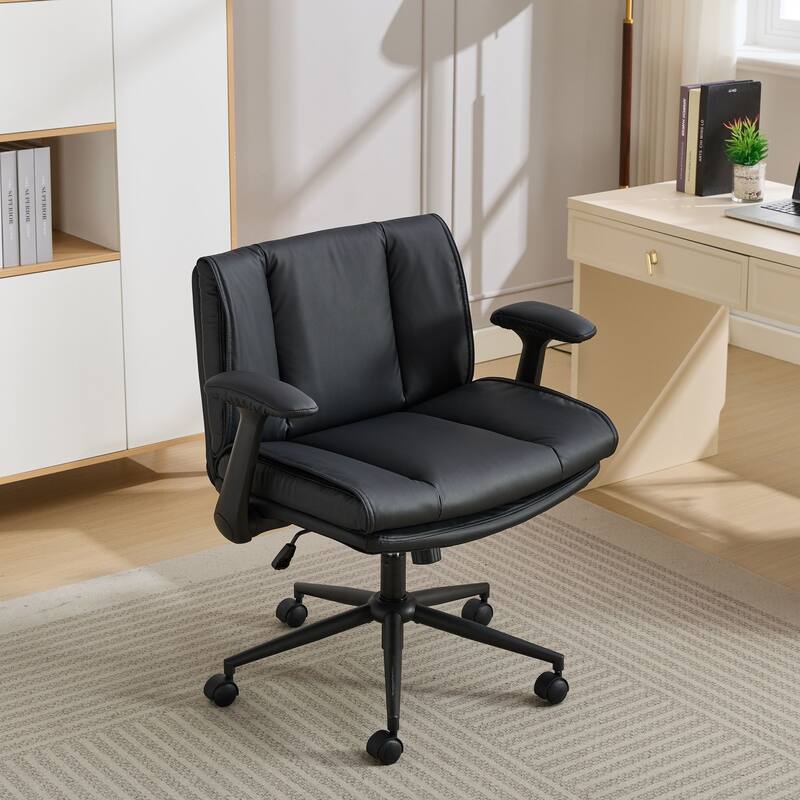 Cross Legged Office Chair on Wheels with Flip-Up Armrests Leather and Wide Seat