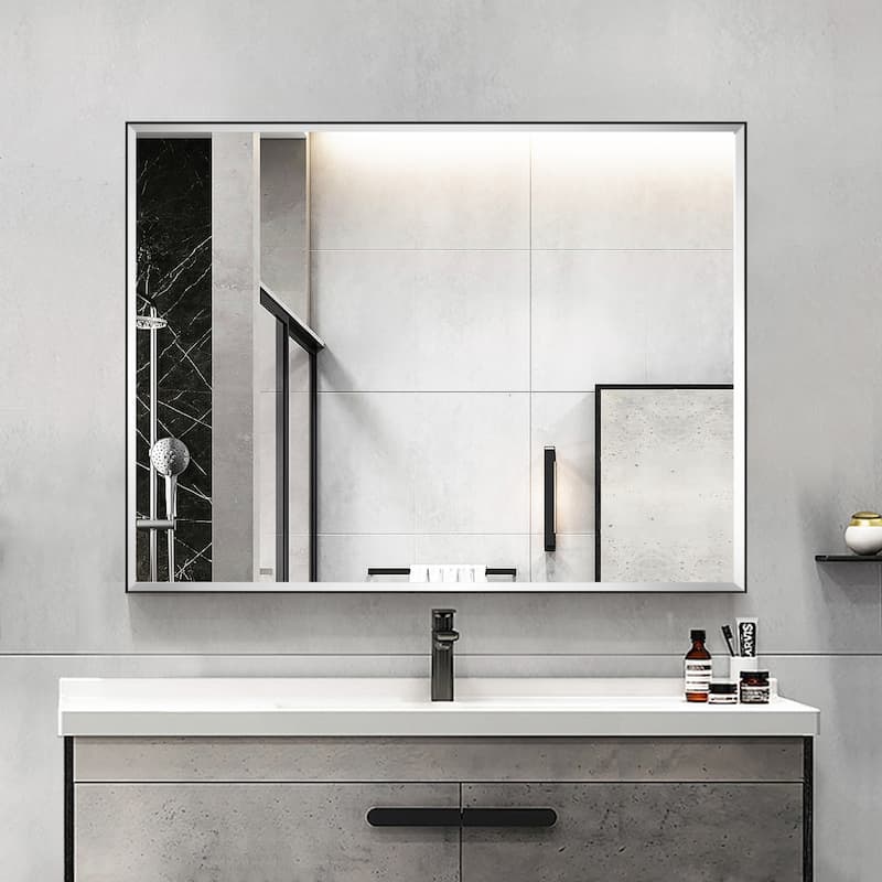 Rectangle Metal Framed Beveled Edge Bathroom Vanity Mirror - 32"W x 24"H - Black