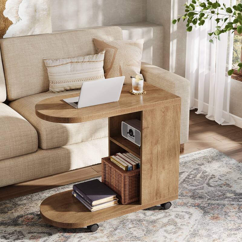 C Shaped Sofa Side Table, Mobile Bedside End Table with Storage